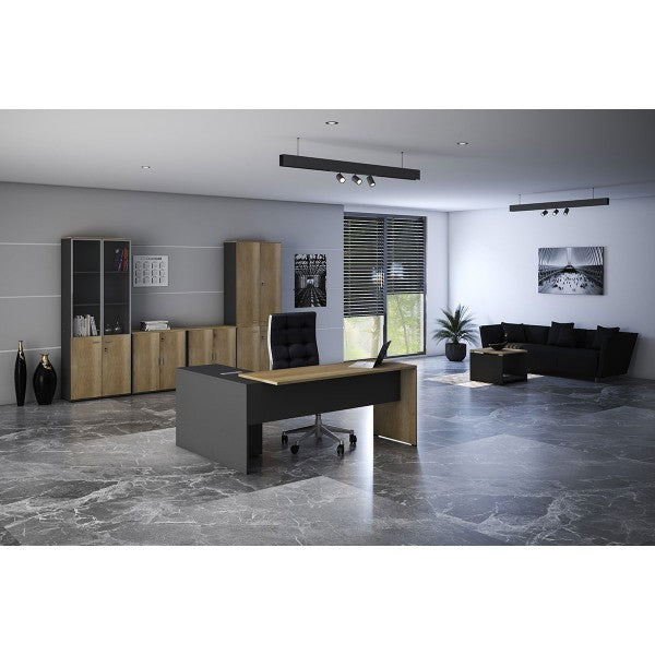 Commercial desk reversible Lotus oak-dark gray color 180x160x75cm